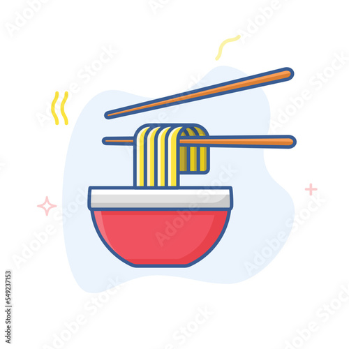 Chinese noodles in red bowl with chopsticks linear vector icon. Ramen noodle soup vector line illustration. 