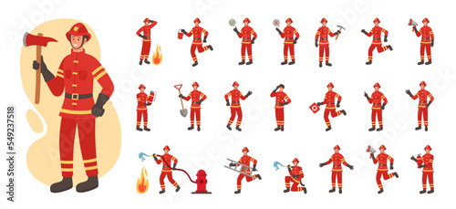 Fireman actions. Fire rescue. Emergency service. Man worker with firefighting equipment. Male person at job. Disaster safety. Extinguishers poses set. Vector cartoon tidy illustration