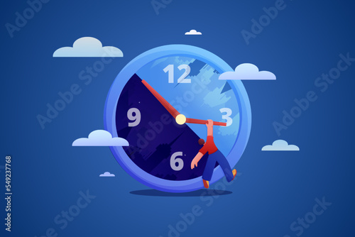 Clock time. Routine changes. Day and night cycles. Summer morning and evening cityscape. Awake or sleep. Circadian rhythms. Man hanging on watch arrow. Vector cartoon recent concept