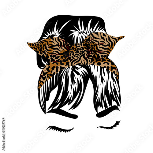 Silhouette of a girl face with messy hair in a bun and tiger bandana for head wrap. Female hairstyle. Vector illustration