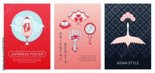 Japanese posters. Abstract banners with traditional oriental ornaments. Sky clouds. Paper lantern. Sun and Moon design. Swan bird. Fan accessory. Mirror and comb. Vector covers set