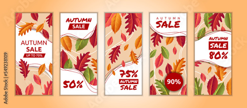 Autumn sale flyer. Fall leaf elements, thanksgiving day posters. Gift voucher, promo marketing social media banner, elegant discount offer. Orange leaves. Vector design garish background