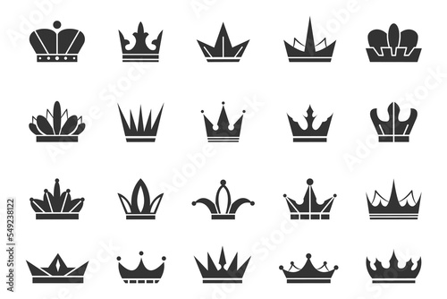 Crown silhouette. King and queen icons. Royal princess imperial heraldic elements, medieval prince emperor emblems, religious sign. Luxury labels, premium logotype. Vector symbol garish design photo