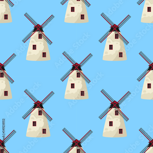 Old holland, amsterdam windmill pattern. Nature print, city travel, beauty landscape building, countryside architecture. Decor textile, wrapping paper. Vector seamless garish background