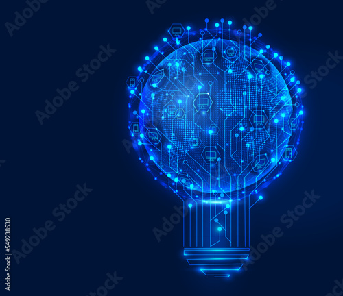 Polygonal 3d New Blockchain Network  in dark blue background. Outline concept vector. Wire-frame style. The layers of visible and invisible lines. 3D illustration. Low poly earth and bulb as idea.