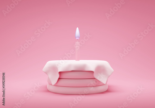 Cute birthday cake 3d rendering pink color 3 floors with a candle, Sweet cake for a surprise birthday, Valentine's Day on a pink background
