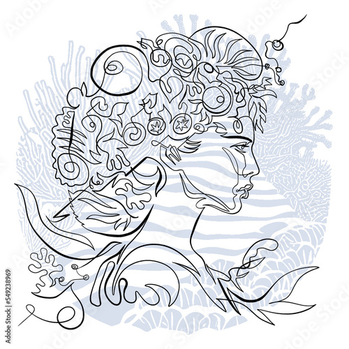 Water nymph woman head with flowers, corals and seaweed, One Line Drawing. Continuous Line vector portrait of mermaid