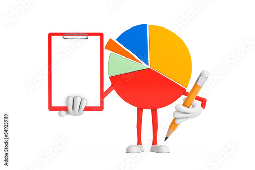 Info Graphics Business Pie Chart Character Person with Red Plastic Clipboard, Paper and Pencil. 3d Rendering © doomu