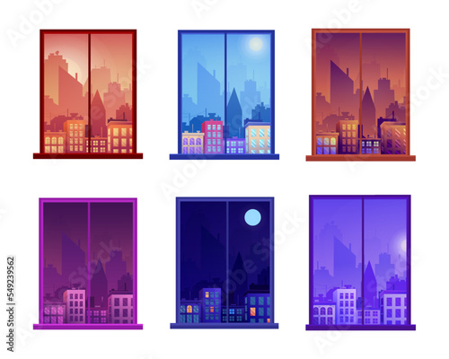 Day and night city window. Morning and evening. Afternoon time room view. Sky outside of house or home. Downtown buildings. Midnight urban scenery. Vector illustration recent landscapes set