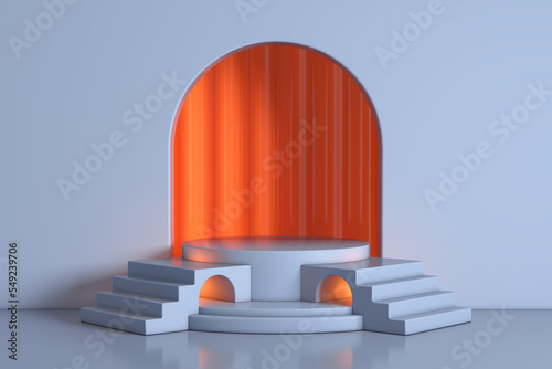 Empty Blue Realistic Cylinder Product Promotion Stand Podium with Arch Window in Studio Room with Steps. 3d Rendering