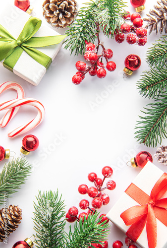 Christmas background with fir tree and decor. Top view with copy space