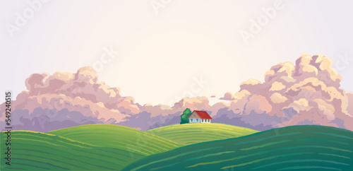 Rural landscape with house, and agriculture meadow in hills in the evening light, in the pre storm state of nature.