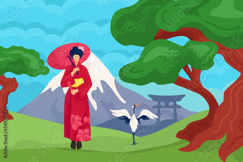 Japan culture, japanese woman in kimono concept, vector illustration. Travel to asia landmark, oriental tourism and journey. Asian geisha near fuji