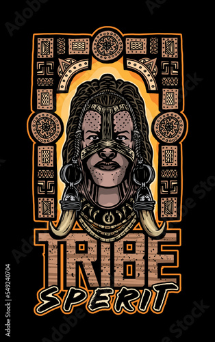 Tribe Spirit - Black male, tribal maya - T-Shirt design - vector illustration - Black version