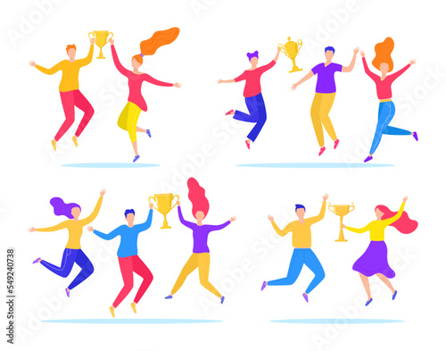 People cheerful man woman character achieve success, vector illustration. You...