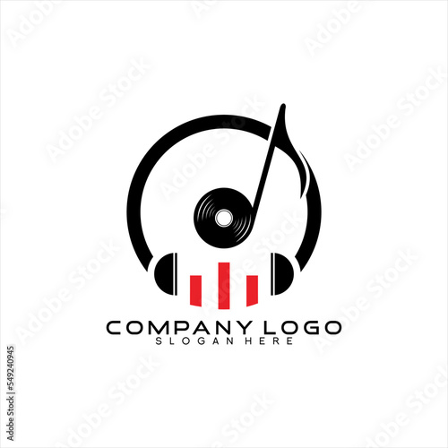 DJ music vector logo design. Illustration of headphones with music disk and tone wave symbol.