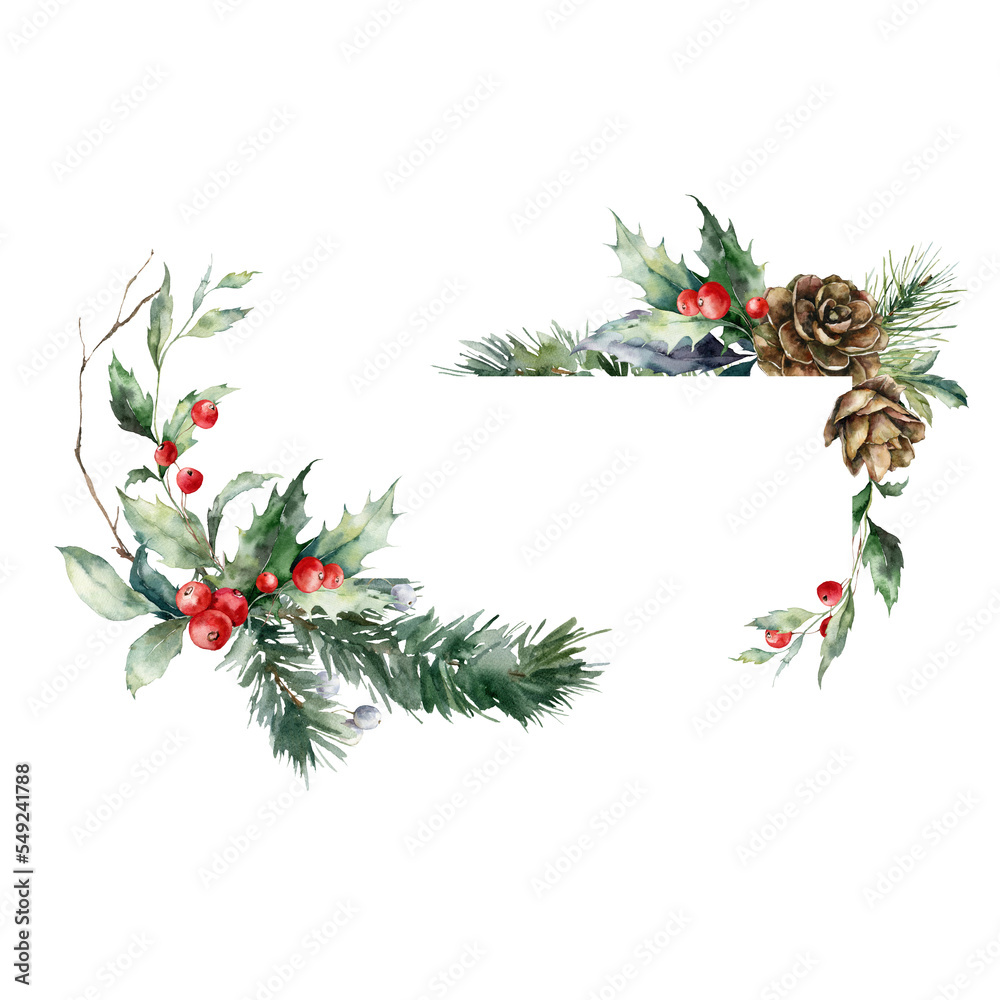 Fototapeta premium Watercolor Christmas horizontal frame of red berries, pine cone, dry branch and leaves. Hand painted holiday card of plants isolated on white background. Illustration for design, print or background.