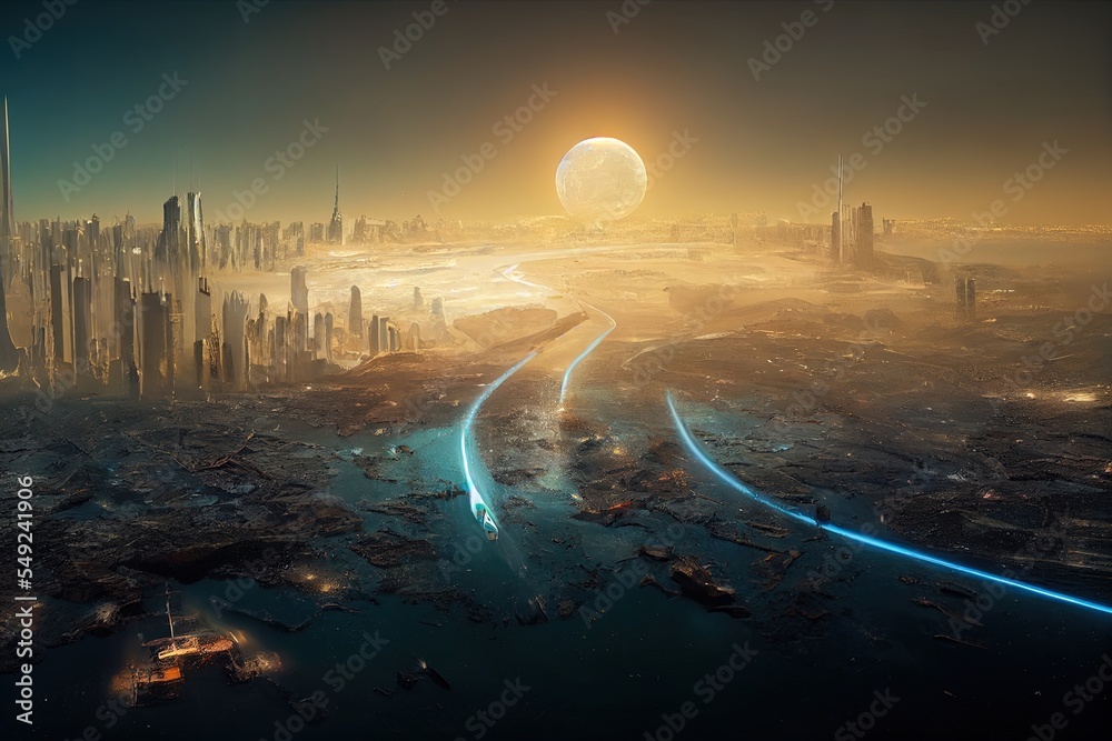 Fototapeta premium illustration of a modern city in the evening