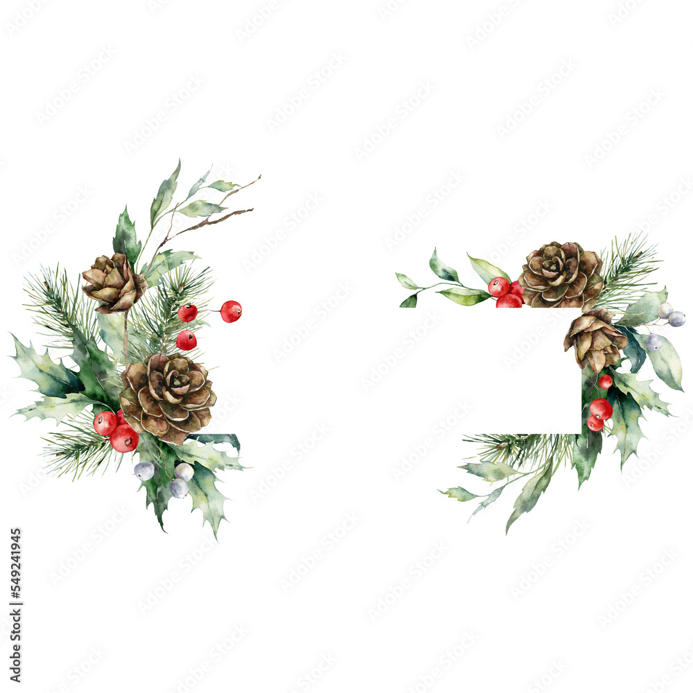 Watercolor Christmas Horizontal Frame Of Red Berries Pine Cone Holly