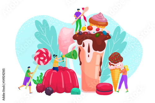 People character cook cartoon dessert, vector illustration. Flat girl boy near huge sweet food concept, happy tiny person have fun together.