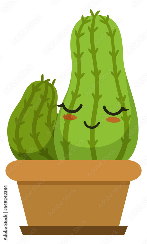 Green cartoon cactus with eyes closed. Happy cacti in flowerpot Green cartoon cactus with eyes closed. Happy cacti in flowerpot