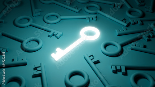 key of success Shining among ordinary keys. 3D Scene.