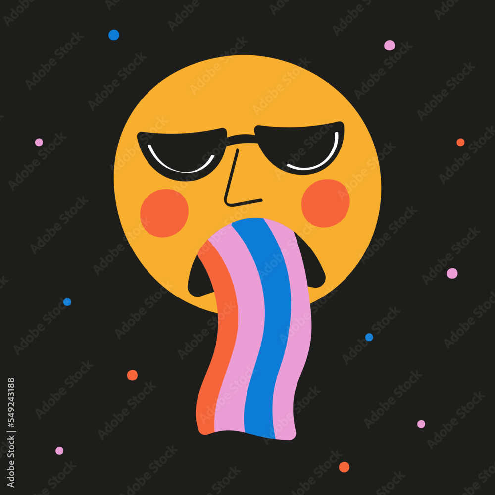 Fototapeta premium Smiley, emoticon with rainbow . Yellow face with emotions. Facial expression. Funny cartoon character.Mood. Web icon. Vector illustration isolated on black background. 