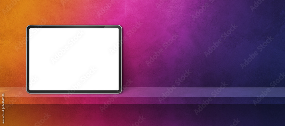 Digital tablet pc on rainbow wall shelf. Background banner Digital tablet pc on rainbow wall shelf. Background banner