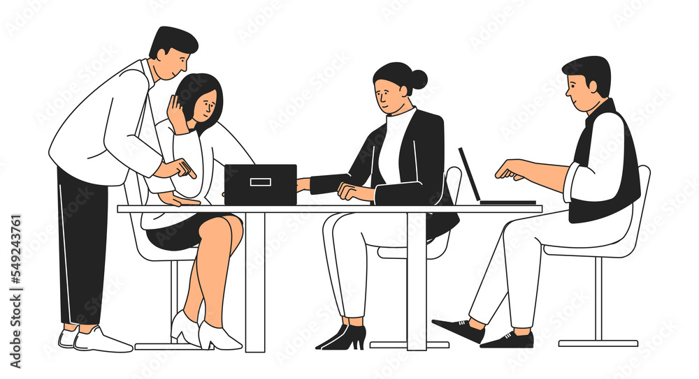 People working together. Team with laptops discussing