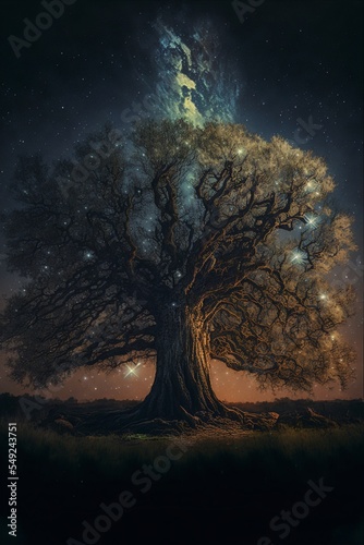 An oak tree under the starry sky