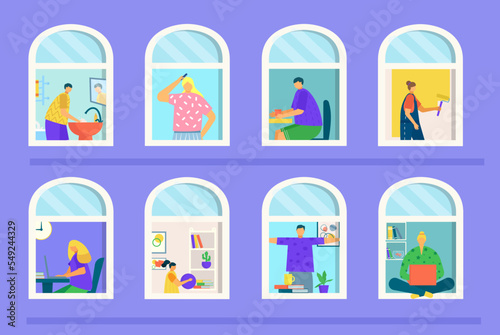 People in building house, vector illustration. Man woman person character in home apartment flat window concept. Carton quarantine day
