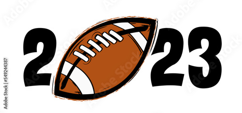 Best wishes, we wish you a happy new year 2023 with the letter o as American football. Rugby ball lor rugbyball icon. Super bow in doodle style. Cartoon vector foot ball sign