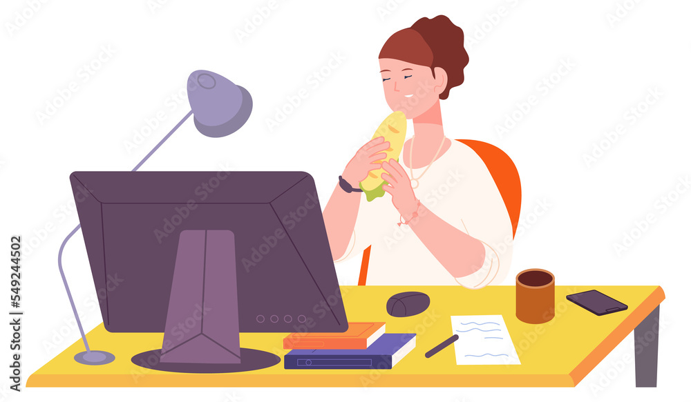 Woman eating lunch at computer desk. Office meal break Woman eating lunch at computer desk. Office meal break