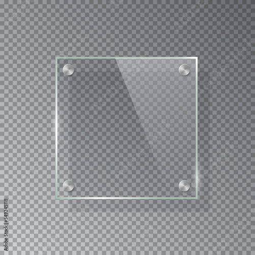 Glass square plate isolated on transparent background. Vector realistic acrylic frame with steel rivets.