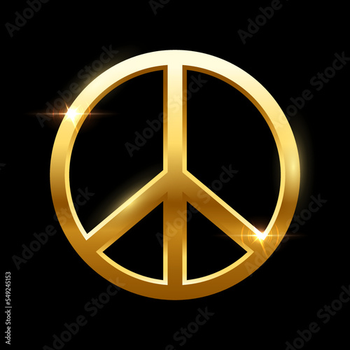 3d gold sign of peace vector illustration. Realistic isolated golden abstract circle symbol of global love, hippie pacifists and hope, peaceful golden metal round retro emblem with color gradient