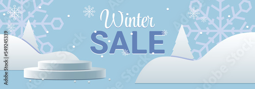 Christmas Winter Product podium on the background of drifts, snowflakes and snow. Realistic product podium for winter and Paper cut decoration. Vector illustration EPS10