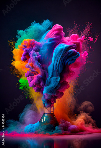 A colourful powder explosion on a black background. Holi paint and smoke.
