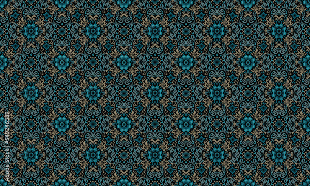 vintage retro wallpaper with a blue and gold floral pattern on a black background