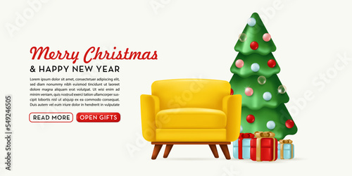 Christmas banner with cartoon 3D minimal objects armchair, Christmas tree, and gifts. Vector illustration
