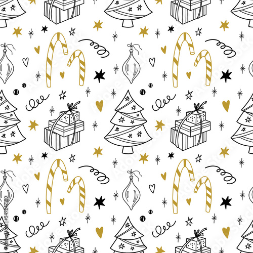 Christmas decorations doodle seamless vector pattern. Background with Christmas tree, gifts and sweets in a naive and simple style. Vector line pattern