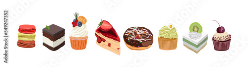 Tela Pastry, cupcake, piece of cake, biscuits, macaroons decorated with berries and fruits