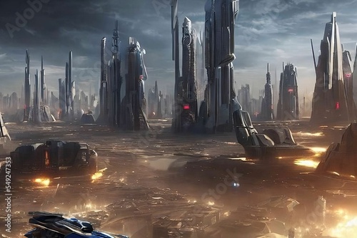 A sci-fi futuristic cyborg city. Neon light, the alien spaceship
