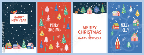Christmas holiday cute greeting card design set with houses, fir tree and snowflakes. Childish print for banner, poster and background. Vector Illustration