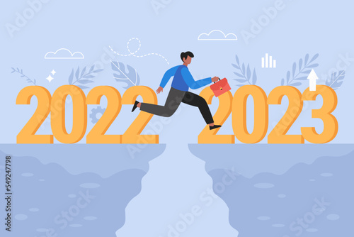 New Year 2023 resolutions, opportunity and hope for success  business concept.  Modern vector illustration of business man jumping over cliff gap from 2022 to 2023