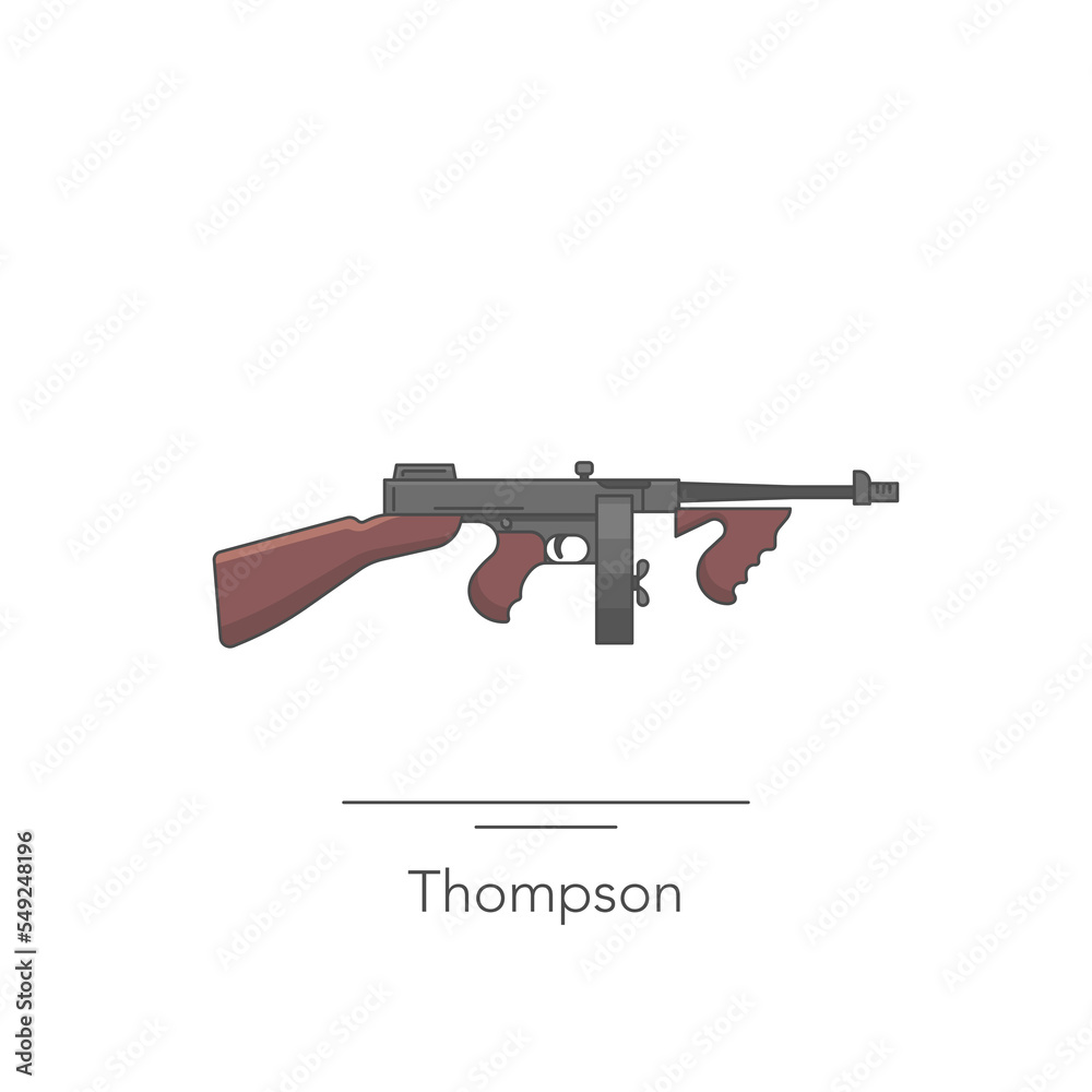 Thompson outline colorful icon. Isolated assult rifle on white background. Vector illustration Thompson outline colorful icon. Isolated assult rifle on white background. Vector illustration
