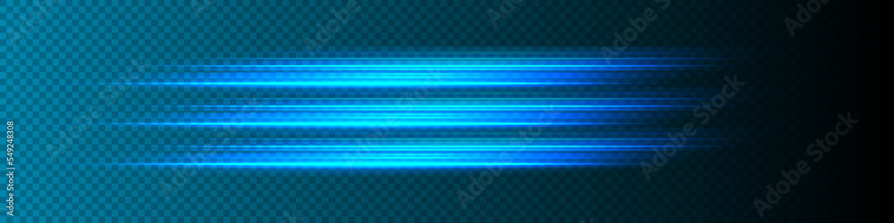 Straight fast light. Vector blue glowing lines air flow effect. Acceleration speed motion. Horizontal rays of light. Isolated on transparent background.
