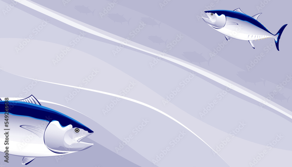 Bluefin tuna on wave background. Vector illustration of aquatic animals