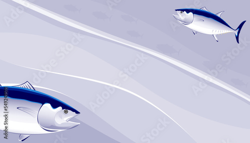 Bluefin tuna on wave background. Vector illustration of aquatic animals.