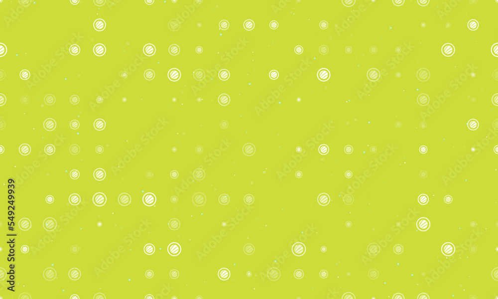 Seamless background pattern of evenly spaced white sushi roll symbols of different sizes and opacity. Vector illustration on lime background with stars