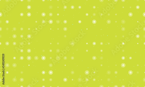 Seamless background pattern of evenly spaced white sushi roll symbols of different sizes and opacity. Vector illustration on lime background with stars